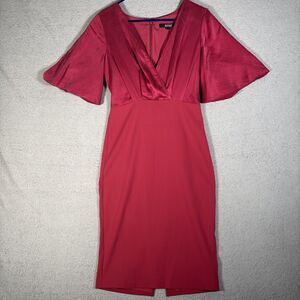 Badgely Mischka Size 4 Butterfly Sleeve Crepe Satin Sheath Dress Silk Faux Wrap‎